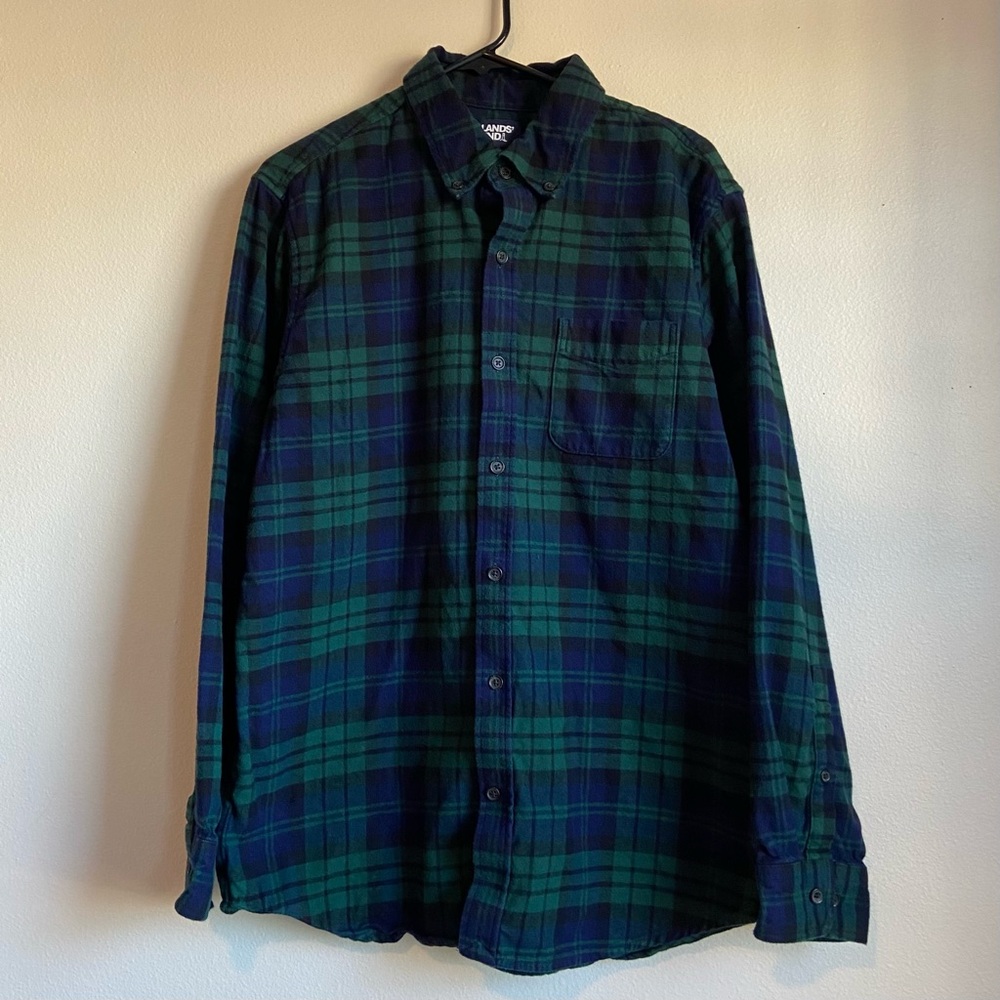 Lands End Flannel Men’s Size Large 100% Cotton Blue Green Button Down Plaid Top